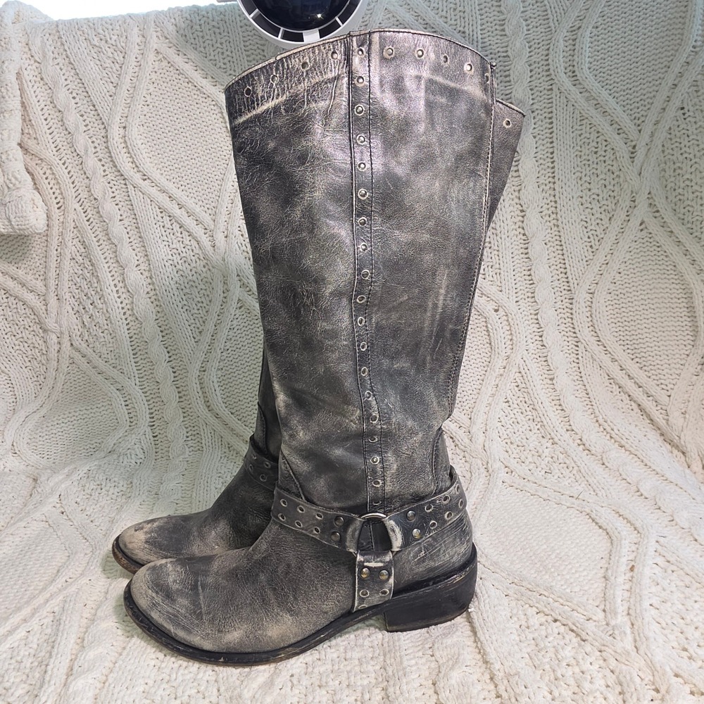 Diba Let It Bee Studded Distressed Leather Tall Boots Moto Grey Women 39 8